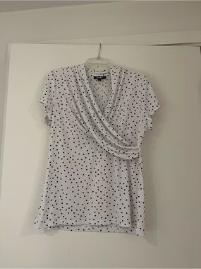 DKNY White and Black Polka Dot Faux-Wrap Short Sleeve Top
